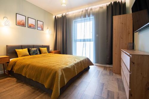 皮拉Schneidemühl Premium Apartments的一间卧室设有一张床和一个大窗户
