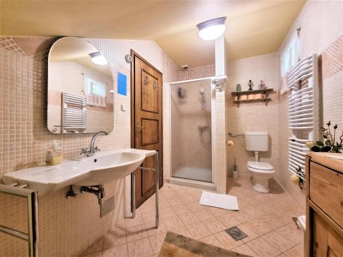 特拉科什恰恩托基纳度假屋住宿加早餐旅馆的一间带水槽、淋浴和卫生间的浴室