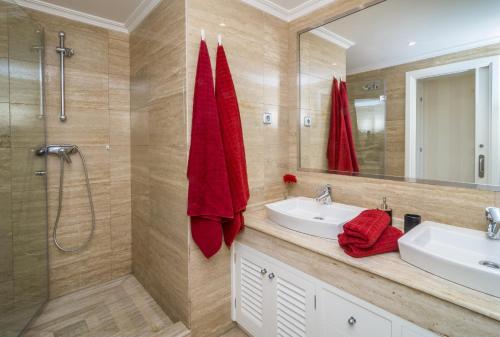 EsteponaHB Comfortable Beachfront Holiday Apartment的一间带水槽、淋浴和镜子的浴室