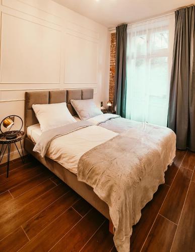 克拉科夫Old Town Suite的卧室内的一张大床,设有窗户