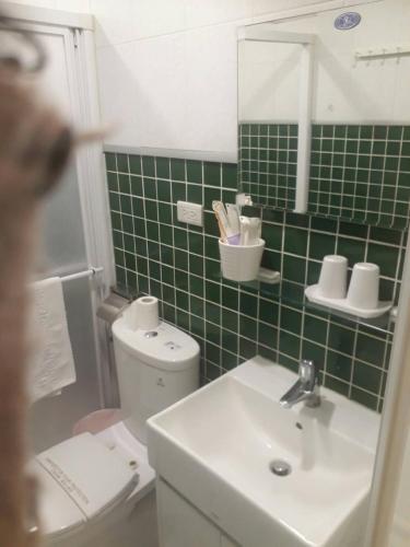 北港镇水道头咖啡民宿的浴室设有水槽、卫生间和绿色瓷砖。