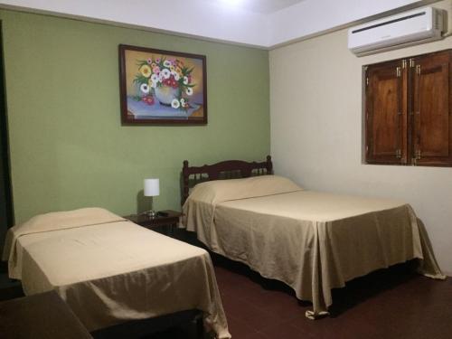 莱昂Hotel Vizcaíno León的一间设有两张床的客房,墙上挂着一幅画