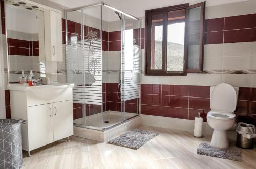 培拉特Vila Palma的带淋浴、卫生间和盥洗盆的浴室