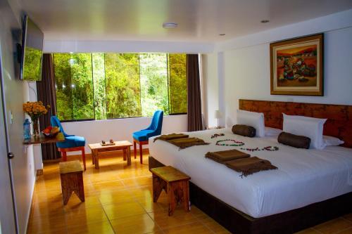 马丘比丘Hotel Tara Machupicchu的一间卧室设有一张大床和一个大窗户