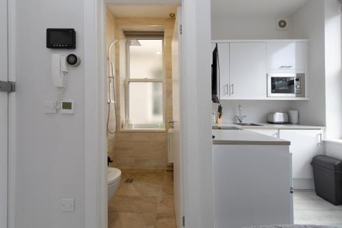 伦敦Fabulous Apartment in Superb location的白色的厨房设有卫生间和水槽