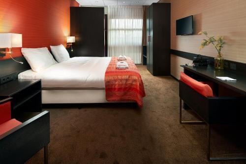 海尔许霍瓦德Hotel Babylon Heerhugowaard - Alkmaar的配有一张床和一张书桌的酒店客房