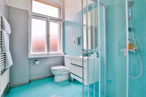 布拉格Apartments Embassy by LH的一间带卫生间和玻璃淋浴间的浴室