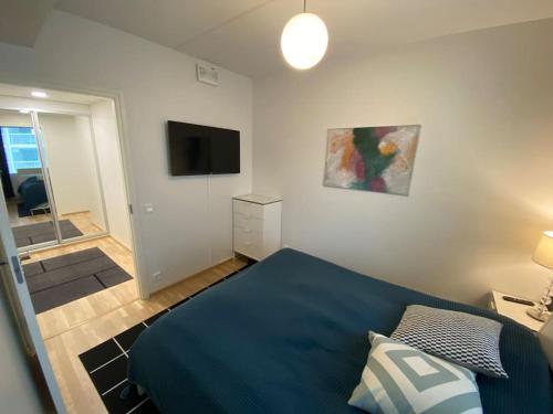 万塔Modern two bedroom apartment near Helsinki Airport的一间卧室配有蓝色的床和电视