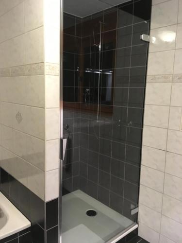 ThörishausLeimernhof的浴室里设有玻璃门淋浴