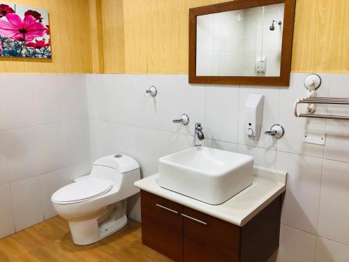 基多Quito Terrace的一间带卫生间、水槽和镜子的浴室