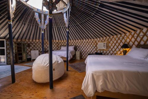 二十九棕榈村Family Style Star gazing Yurt的蒙古包内一间卧室,配有两张床