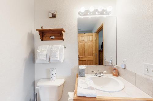 格兰德莱克Bald Mountain Views的一间带水槽、卫生间和镜子的浴室