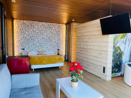 福斯特拉Cabañas Fisterra的客房设有床、沙发和电视。