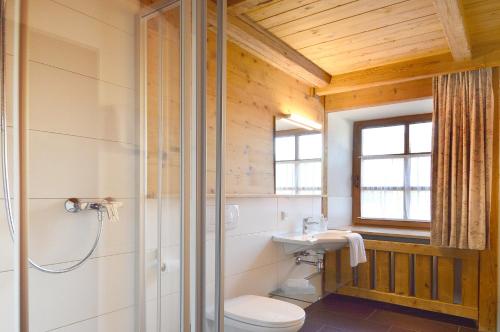 基弗斯费尔登祖尔帕斯特酒店的带淋浴、卫生间和盥洗盆的浴室
