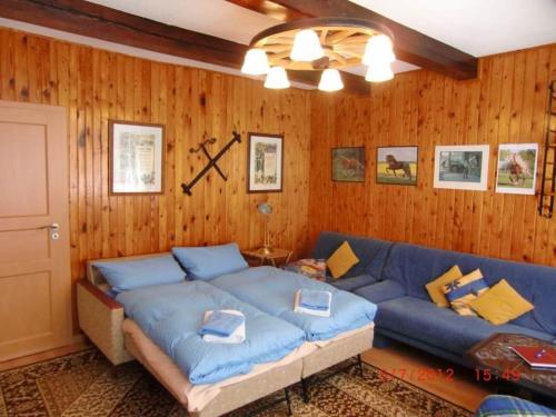 Groß TeetzlebenFerienhaus Schöne in Lebbin的客厅设有蓝色的沙发和木墙