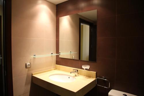 陶斯特Hotel Santuario de Sancho Abarca的一间带水槽和镜子的浴室
