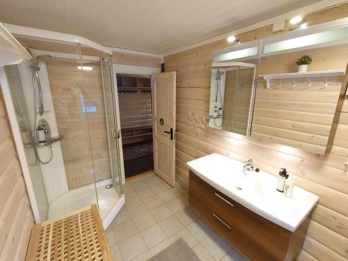 弗罗达尔100m lift, 2 min swim - Large family cabin的一间带水槽、淋浴和镜子的浴室