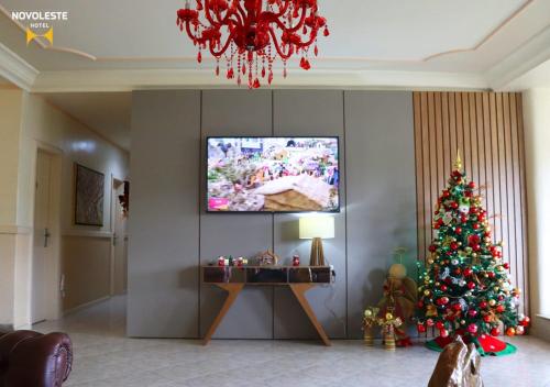 塞纽尔杜邦芬Hotel Novoleste的客厅配有圣诞树和电视