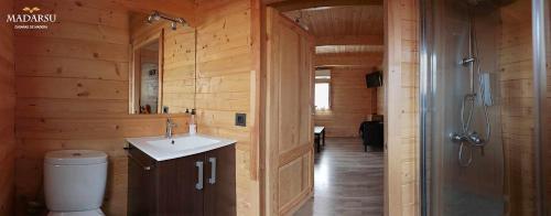 Vigo de Sanabria卡瓦尼亚斯马达苏山林小屋的木制浴室设有水槽和淋浴