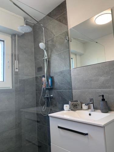 博特罗普Ruhrpott-Liebe的带淋浴、盥洗盆和镜子的浴室