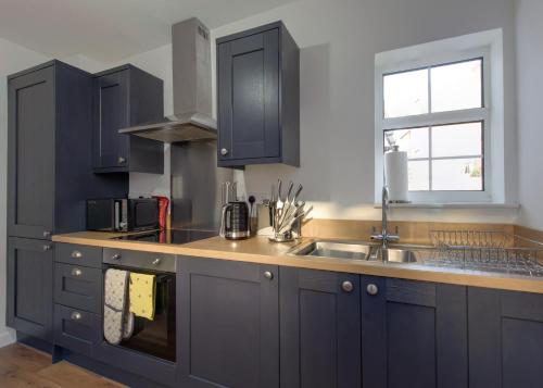 达宁顿堡Donington Cottage Apt 8的厨房配有蓝色橱柜、水槽和窗户。