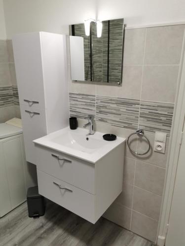 洛特河畔的维伦纽夫Appartement cosy entièrement équipé的白色的浴室设有水槽和镜子