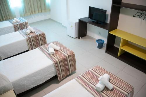 伊瓜苏Hotel Castelo Branco的酒店客房设有两张床和一台平面电视。