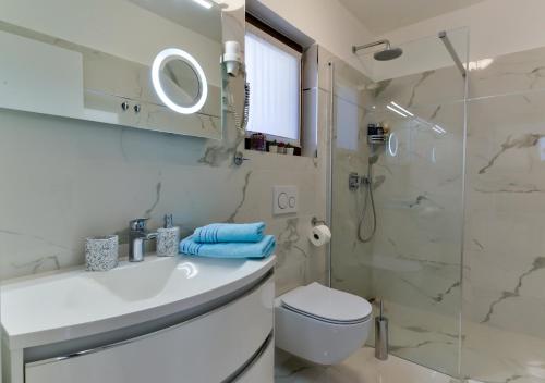 乌马格Apartments Villa Rosi的浴室配有卫生间、盥洗盆和淋浴。