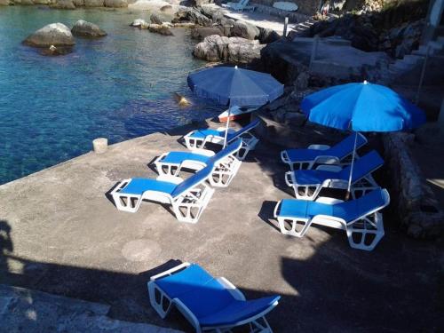 莫鲁纳特Apartments Rašica Molunat的海滩上的蓝色椅子和遮阳伞