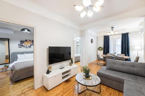 塞萨洛尼基Porto Sea View Apartments - Kypriou的带沙发、电视和床的客厅