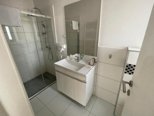 托普利察ALPIN rooms的白色的浴室设有水槽和淋浴。