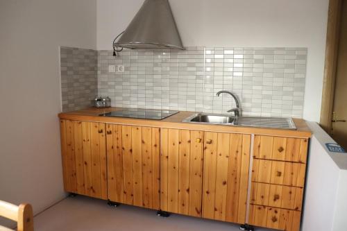希马拉Apartments Piazza的一个带木制橱柜和水槽的厨房