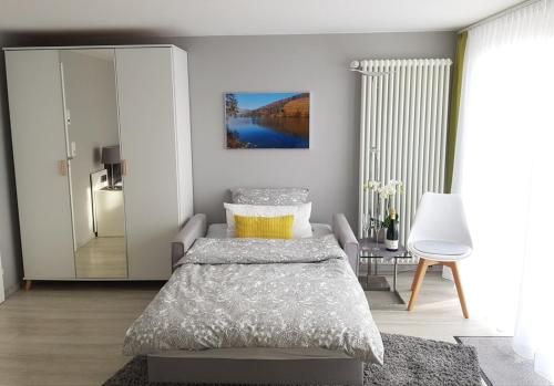 伯格斯塔特Gästezimmer-Apartment Heidi Hönl的一间卧室配有一张床、一把椅子和镜子