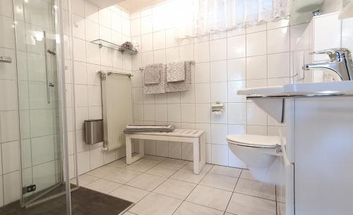 伯格斯塔特Gästezimmer-Apartment Heidi Hönl的浴室配有卫生间、盥洗盆和淋浴。