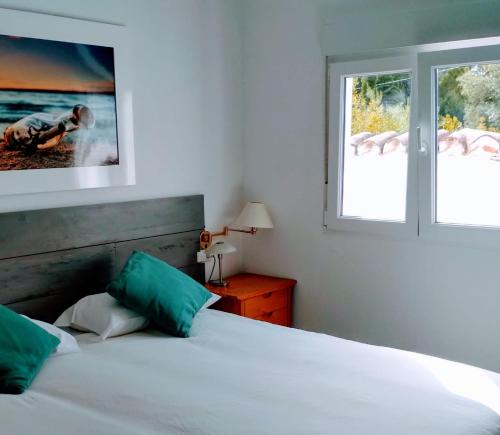 马拉加Tottam Art & Healthy Garden的一间卧室设有一张床和两个窗户。
