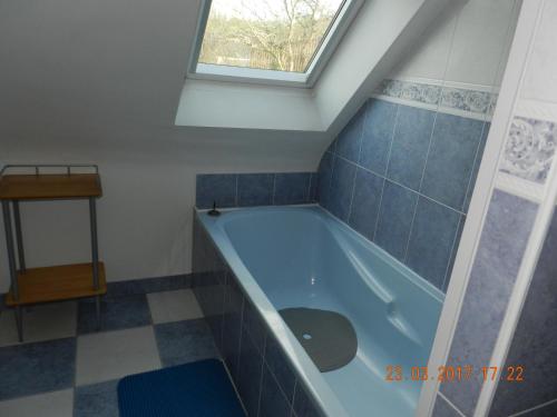 埃尔盖加贝里克Patras的带窗户的浴室内的蓝色浴缸