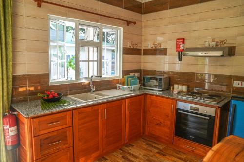 拉迪格岛Villa Charette-Self Catering Villas的厨房配有木制橱柜、水槽和窗户。