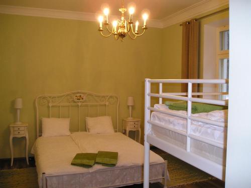 PaslepaPaslepa Mõis的一间卧室设有两张双层床和吊灯。