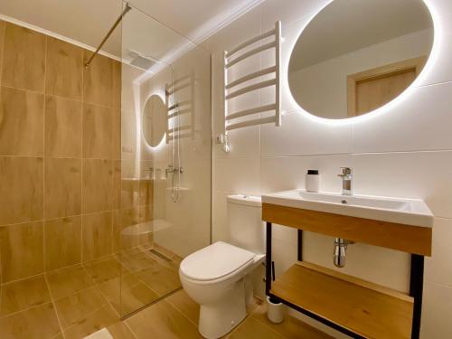 亚列姆切Shepit Pruta的一间带卫生间、水槽和镜子的浴室