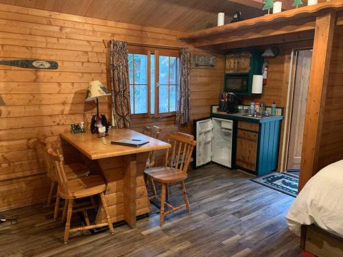 海沃德Honeybear Hideaway Cabin的小屋内的厨房配有桌椅