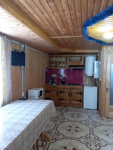 亚列姆切Holiday Home Melodiya Karpat的一间厨房,在房间内配有一张床