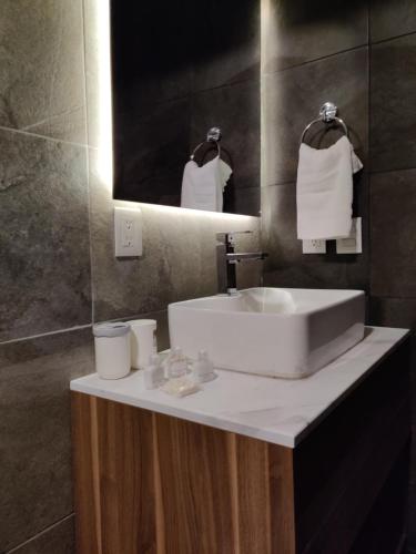 La Manzanilla de la PazCHIFLON VILLAS的浴室设有白色水槽和镜子