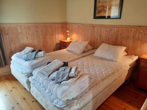 LarvSjötorp säteri & stugby的木墙客房内的两张大床