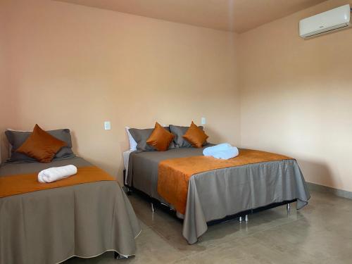 圣罗克迪米纳斯Chalés Cantin da Serra - Serra da Canastra/MG的一间卧室配有两张床和一张桌子