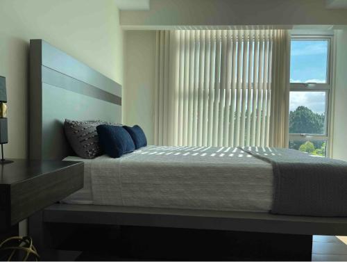 埃雷迪亚Lovely Apartment near Costa Rica airport的一间卧室设有一张大床和一个窗户。