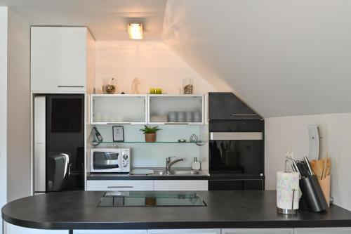 克拉尼斯卡戈拉Apartment Štros with private sauna的厨房配有水槽和微波炉