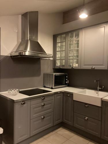 卡瓦莱塞Crystal House的厨房配有水槽和微波炉