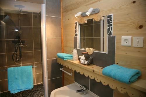 古雷特冰川酒店的浴室配有水槽和带蓝色毛巾的淋浴