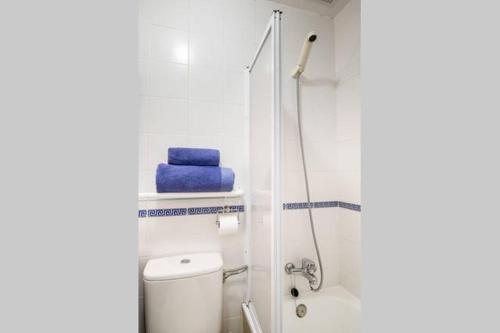韦尔瓦Dorado Playa的浴室设有卫生间和带蓝色毛巾的淋浴。