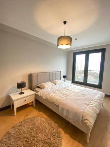 伊斯坦布尔Luxury Central Fully Equipped 2BR 2BA Apartment by Siena Suites的一间卧室配有一张床、一张桌子和一个窗户。